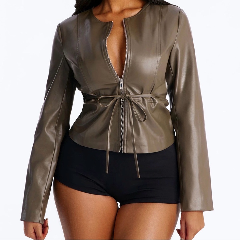 Black Faux Leather Zip-Front Jacket with Tie Waist